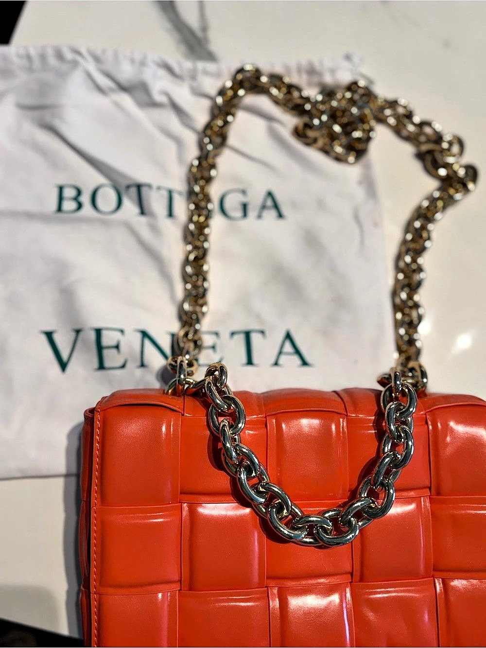 Bottega Veneta Jodie Mini Woven Chain Shoulder Bag in Orange